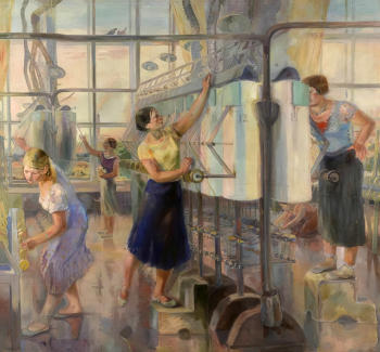 Загоскин Давид Ефимович. Женский цех завода `Севкабель`. Холст, масло. 200х215. 1936. Государственный музейно-выставочный центр РОСИЗО.