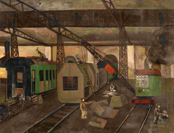Романов Ю.К. Цех вагоноремонтного завода. Холст, масло. 39х51. 1940-е. Вологодский государственный историко-архитектурный и художественный музей-заповедник.