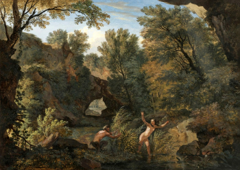 Изак де Мушерон. Речной пейзаж с нимфой и сатиром. Велен, гуашь. 18,5х26. 17 век. Частная коллекция.