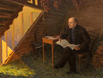 Соколов Михаил Георгиевич. Ленин на сеновале в Тарховке в июльские дни 1917 года. Холст, масло. 76х100. 1942. Государственный исторический музей.