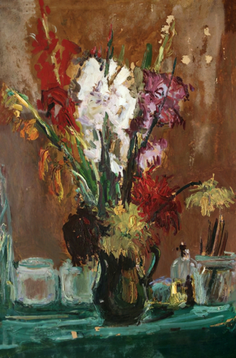 Морозов Александр Иванович (1902-1997). Гладиолусы. Картон, масло. 64,5х43. 1950-е. Ивановский областной художественный музей.