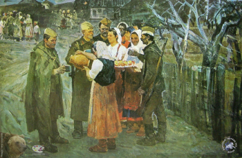 Таутиев Владимир Бадчериевич. Встреча в югославском селе. Холст, масло. 200х130. 1982. Студия военных художников имени М.Б.Грекова.