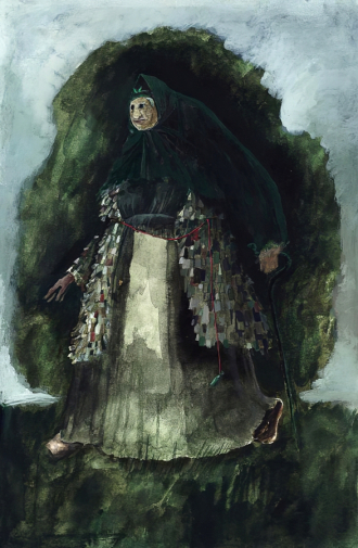 Азизян Марина Цолаковна. Эскиз костюма Бабы-Яги для фильма `Как Иванушка-дурачок за чудом ходил`. Бумага на оргалите, акварель. 32х22. 1975-1976. Государственный центральный музей кино.