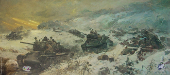 Усыпенко Фёдор Павлович. Бой под Моздоком. Холст, масло. 133х299. 1950. Студия военных художников имени М.Б.Грекова.
