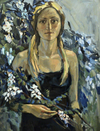 Тимошенко Маргарита Александровна. Автопортрет с акацией. Холст, масло. 70х55. 2012. Сальский музей имени народного художника В.К.Нечитайло.