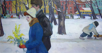 Рукавишникова Елена Александровна. Мимоза. Холст, масло. 101х182. 20 век. Угличский государственный историко-архитектурный и художественный музей.