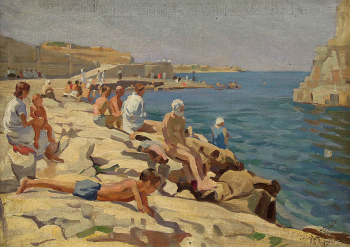 Трубников Дмитрий Алексеевич. На пляже. Холст, масло. 44х63. 1936. Ивановский государственный историко-краеведческий музей имени Д.Г.Бурылина.