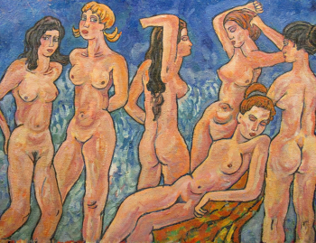 Тюрин Рудольф Евгеньевич. Пляж нудистов в Прибалтике. Оргалит, масло. 60х85. 1976. Ильинский районный краеведческий музей.