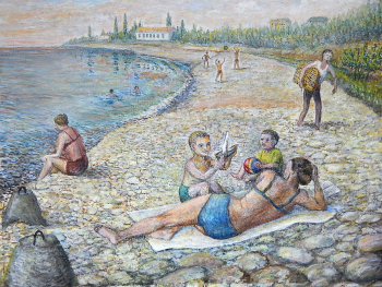 Чуверова Героида Павловна. На пляже у моря. Картон, масло. 48х69. 1982. Сочинский художественный музей имени Д.Д.Жилинского.