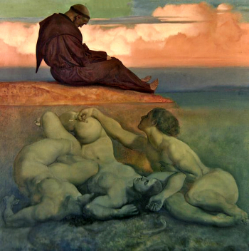 Рудольф Йетмар. Монах и русалки. Холст, масло. 120х120. 1921. Галерея Лестер.