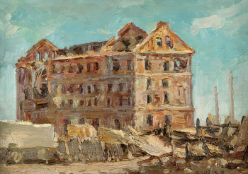 Щербаков Сергей Афанасьевич. Сталинградская мельница. Холст на картоне, масло. 30х43. 1947. Волгоградский музей изобразительных искусств имени И.И.Машкова.