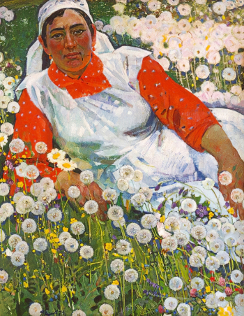 Якупов Харис Абдрахманович. Марзия и одуванчики. Холст на картоне, масло. 103х82. 1973. Государственный музей изобразительных искусств Республики Татарстан.