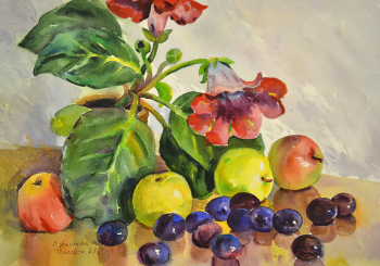 Якупова Рушан Мустафовна. Глоксиния и фрукты. Паланга. Бумага, акварель. 37х55,5. 1977. Государственный музей изобразительных искусств Республики Татарстан.