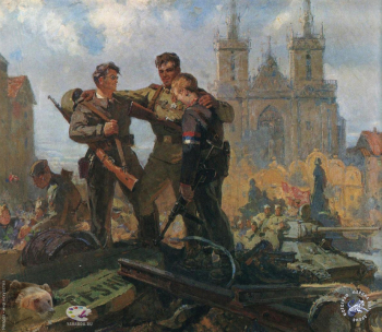 Интезаров Аркадий Иванович. Освобождение златой Праги в 1945 году. Холст, масло. 164х192. 1963. Студия военных художников имени М.Б.Грекова.