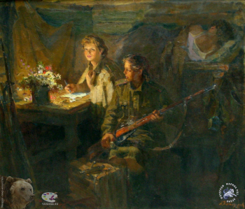 Интезаров Аркадий Иванович. Снайперы. Холст, масло. 110х120. 1957. Студия военных художников имени М.Б.Грекова.