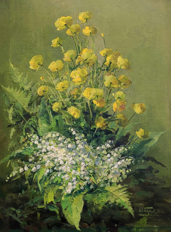 Горохов Иван Иванович. Купавки и ландыши. Картон, масло. 56,5х42,5. 1970. Историко-краеведческий музей (Бородино).
