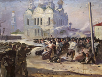 Ксенофонтов Тимофей Иванович. Расстрел рабочей демонстрации в Иваново-Вознесенске. Холст, масло. 92х120. Государственный музей политической истории России.