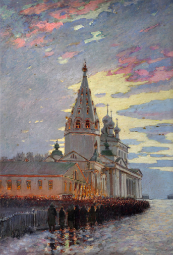 Нефёдов Иван Никандрович. Старое Иваново. У Покровского собора. Картон, масло. 57х41. 1950. Ивановский государственный историко-краеведческий музей имени Д.Г.Бурылина.