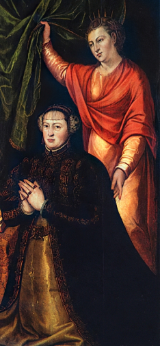 Кристобаль Лопеш. Королева Екатерина и святая Екатерина. Доска, масло. 177,5х84. 1555. Национальный музей старинного искусства (Лиссабон).