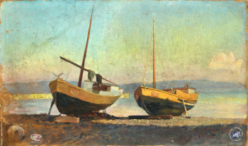 Пильщиков Николай Иванович. Вечер на взморье. Картон, масло. 20х34. 1955. Собрание семьи художника.
