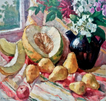 Камшилова Екатерина Викторовна. Натюрморт с дыней и грушами. Картон, масло. 50х53. 1976. Соликамский краеведческий музей.