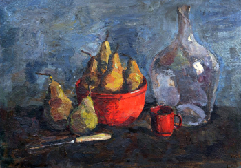Куколь Виктор Саввич. Груши в красной керамической миске. Картон, масло. 49,5х70. 1993. Мурманский областной художественный музей.