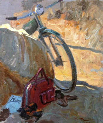 Бородин Алексей Иванович. Велосипед. Картон, масло. 58х49. 20 век. Урюпинский художественно-краеведческий музей.