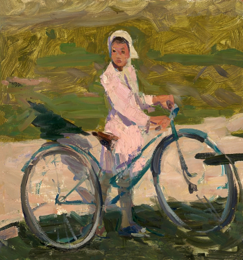 Осипова Тамара Александровна. Девочка с велосипедом. Картон, масло. 49х46. 1965. Московский музей современного искусства.
