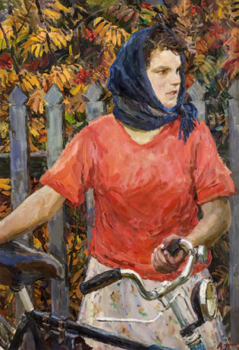 Пластов Аркадий Александрович. Девушка с велосипедом. Холст, масло. 110х75. 1956. Иркутский областной художественный музей имени В.П.Сукачева.
