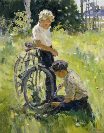 Сидоров Фёдор Лаврентьевич. Маленький ремонт. Велосипедисты. Холст, масло. 67х53. 1954. Художественная культура Русского Севера.