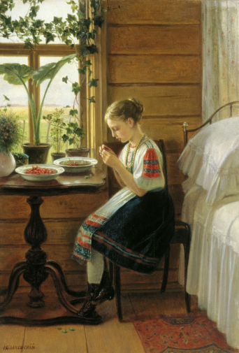 Быковский Николай Михайлович. На даче. Девочка за чисткой ягод. Холст, масло. 29х20. 1880. Государственная Третьяковская галерея.