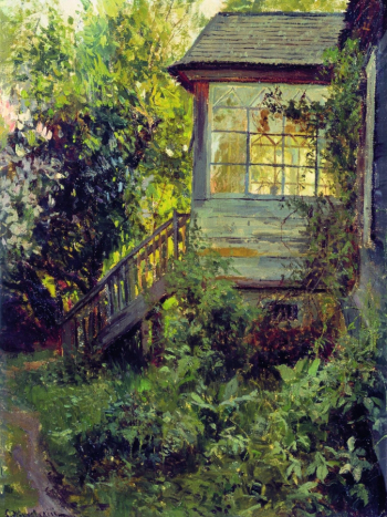 Жуковский Станислав Юлианович. Дача. Терраса. Холст на картоне, масло. 38х29. 1890-е. Государственная Третьяковская галерея.