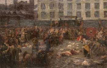 Касаткин Николай Алексеевич. Стачка (Атака завода работницами). Холст, масло. 98х152. 1906. Государственный центральный музей современной истории России.