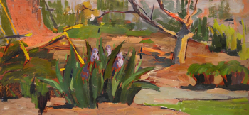 Боровикова Роза Аскольдовна. В саду. Ирисы. Картон, масло. 31х65,5. 1970. Курганский областной художественный музей имени Г.А.Травникова.