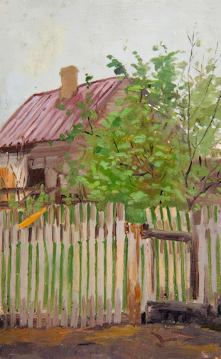 Попов Лукиан Васильевич. За забором (этюд). Холст на картоне, масло. 18х11,5. 1890-е. Оренбургский областной музей изобразительных искусств.