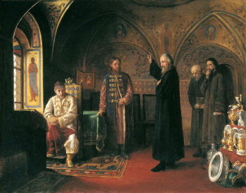 Турлыгин Яков Прокопьевич. Митрополит Филипп и Иоанн Грозный. Холст, масло. 69х87. Омский областной музей изобразительных искусств имени М.А.Врубеля.