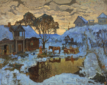 Горбатов Константин Иванович. Деревня в сумерках зимой. Доска, масло. 80х101. Частная коллекция.