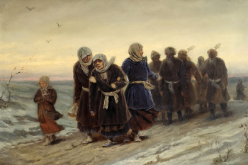 Перов Василий Григорьевич. Возвращение крестьян с похорон зимою. Картон, масло. 36х56. 1880. Государственная Третьяковская галерея.