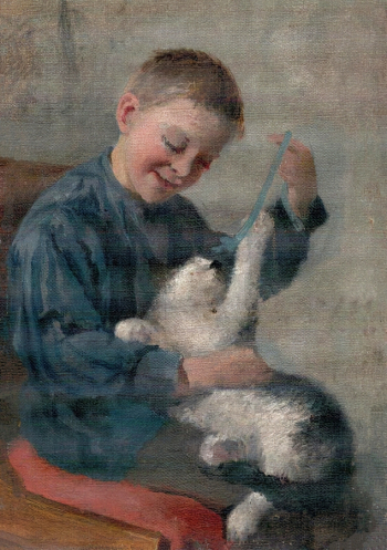 Вахрушов Феодосий Михайлович. Мальчик с котёнком. Холст, масло. 27,1х19,3. 20 век. Тотемское музейное объединение.