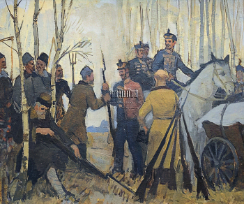 Руднев Алексей Михайлович. Крестьяне передают оружие солдатам. Картон, масло. 48,8х57,2. 1954. Государственный музей Л.Н.Толстого.