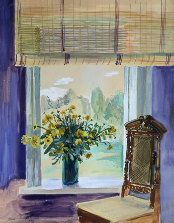 Кашина Нина Васильевна. Цветы на подоконнике. Бумага, акварель, гуашь. 55х43,5. 1934. Пермская государственная художественная галерея.