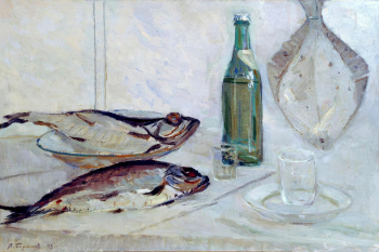 Баранов Василий Григорьевич. Натюрморт с бутылкой. Холст, масло. 46х70. 1973. Мурманский областной художественный музей.