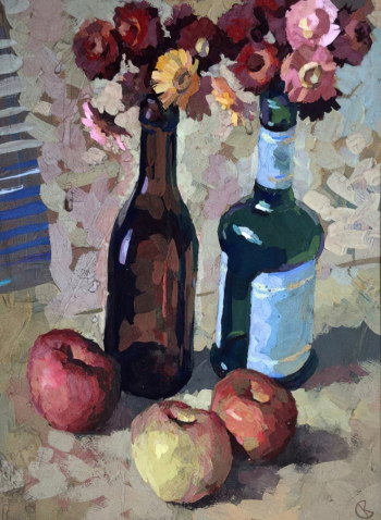 Карманов Сергей Владимирович. Две бутылки и яблоки. Картон, гуашь. 41х30. 1992. Историко-краеведческий музей (Бородино).
