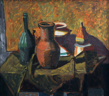 Кольцов Александр Андреевич. Натюрморт с зелёной бутылкой. Оргалит, масло. 62х71. 2007. Раменский историко-художественный музей.