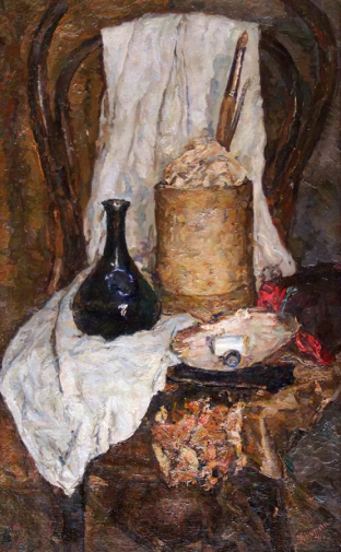 Копин Иван Семёнович. Натюрморт с чёрной бутылкой. Холст, масло. 106х65. 1941. Новокузнецкий художественный музей.