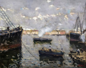 Белый Александр Фёдорович. В порту (Нева). Картон, масло. 36х45. 1923. Иркутский областной художественный музей имени В.П.Сукачева.
