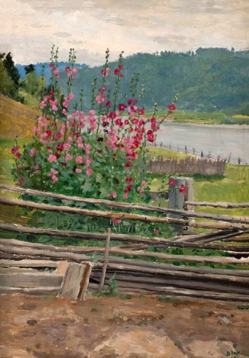 Лукин Вильгельм Иванович. Мальвы. Картон, масло. 40х29. 1940. Томский областной художественный музей.