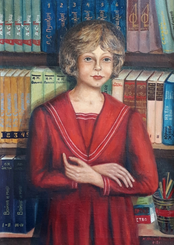 Зверковская Нина Николаевна. У книжной полки (Ирина). Холст на картоне, масло. 69,5х50. 1981. Картинная галерея (Красноармейск).