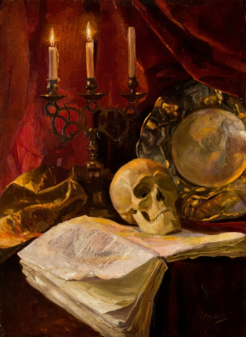 Рылов Аркадий Александрович. Старая книга и череп. Холст, масло. 63х46. 1891. Вятский художественный музей имени В.М. и А.М. Васнецовых.