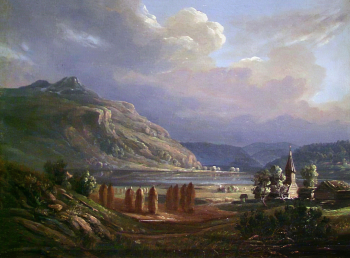 Кнуд Гельмюден Булл (Булль). Пейзаж с церковью Гаупне. Холст, масло. 21,5х27. Национальный музей искусства, архитектуры и дизайна (Осло).